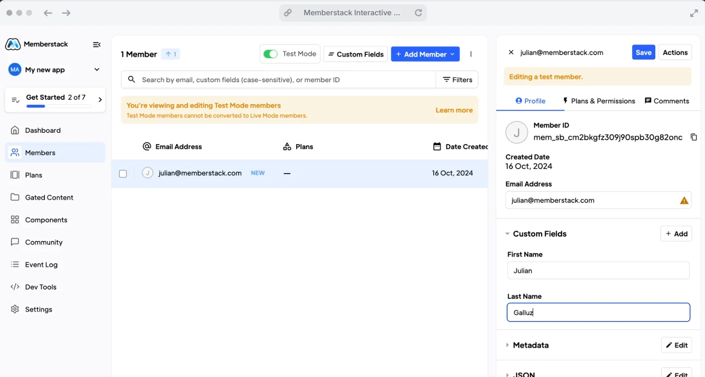 The Memberstack dashboard displaying a test member's profile with options to edit custom fields, email address, and member details.