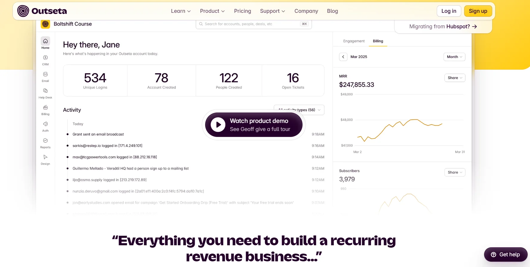 Outseta dashboard displaying key metrics, including unique logins, people created, billing details, and activity updates for a SaaS business.
