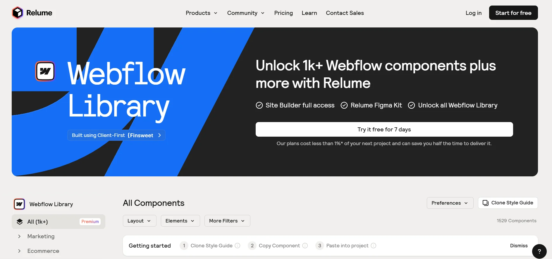 Relume’s Webflow Library page displaying available components, with options to filter by category and access plans, including a free trial for 7 days.