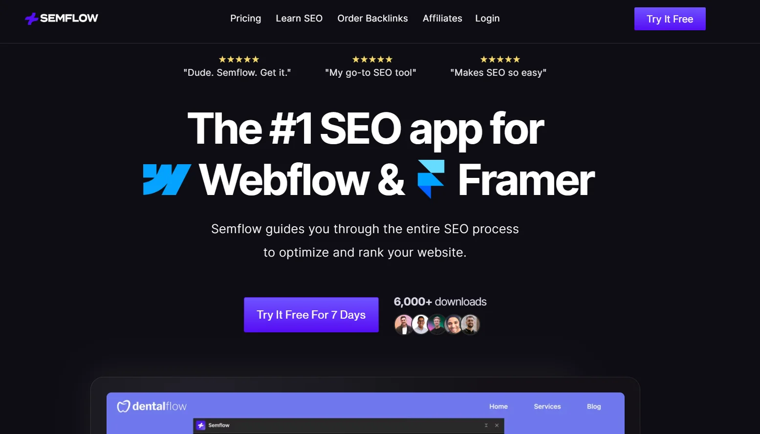 Semflow homepage displaying its SEO tool for Webflow and Framer, with a "Try It Free" button and statistics about downloads.