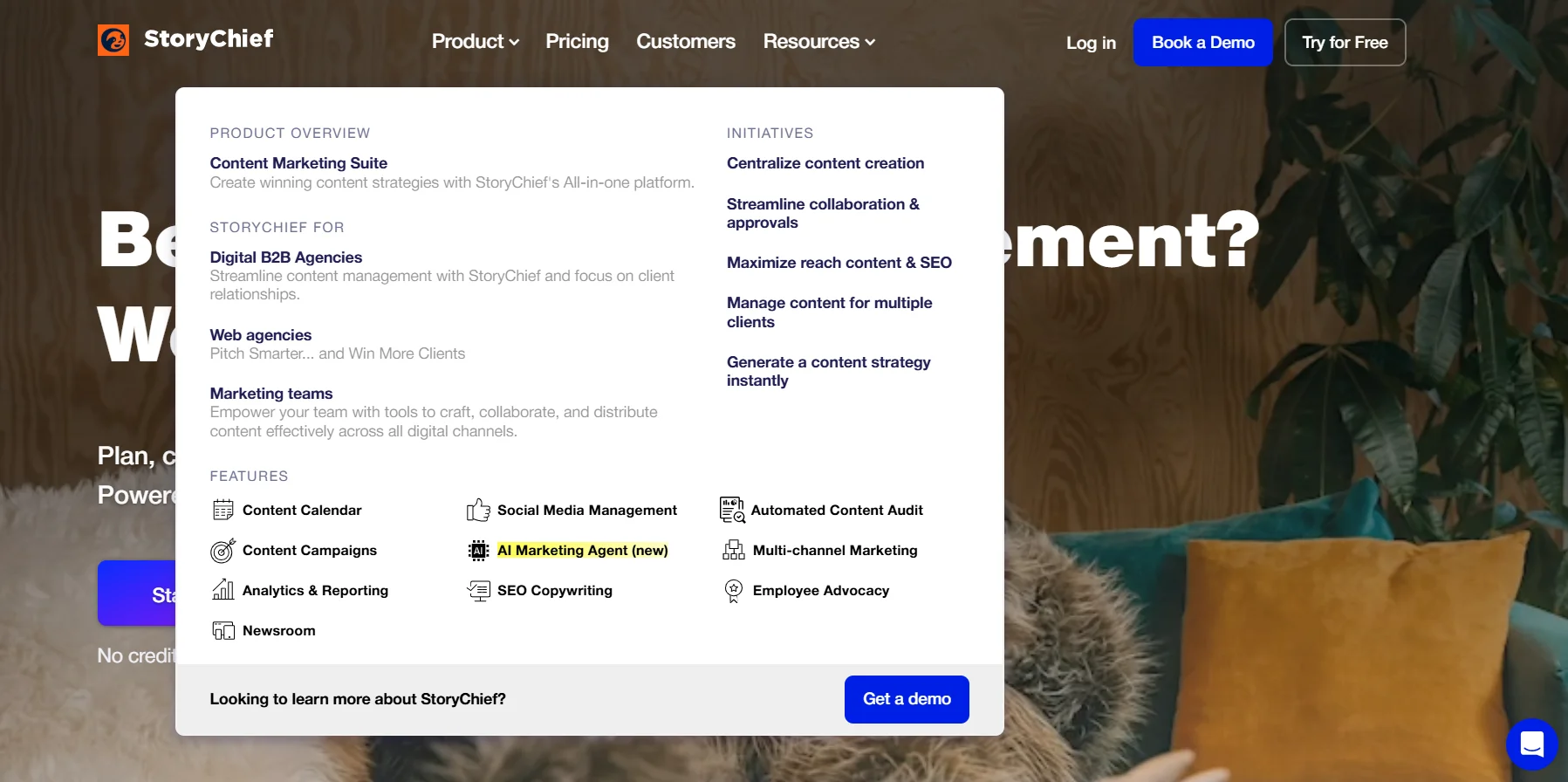 StoryChief's product page displaying various content management features including content calendar, content campaigns, AI marketing agent, and SEO copywriting.
