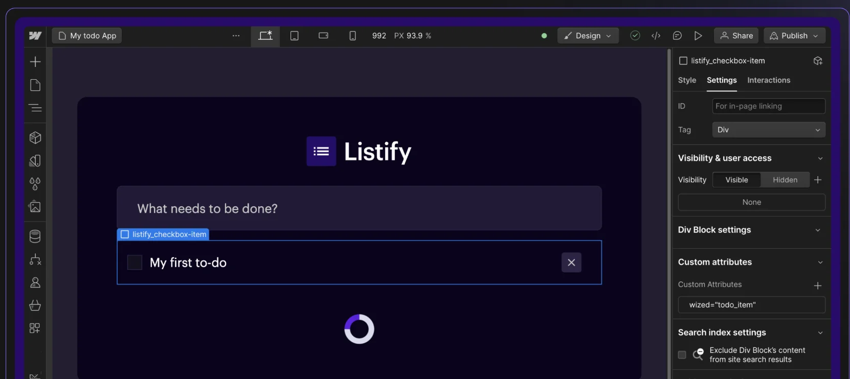 The Listify app interface displaying a to-do list item being edited in the Webflow editor, with options for visibility, custom attributes, and search index settings.