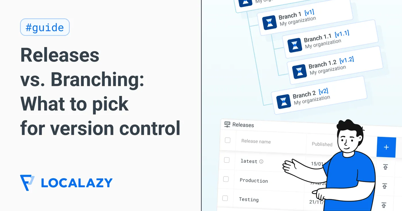 Illustration of When to use Releases vs. Branching in Localazy for translation version control